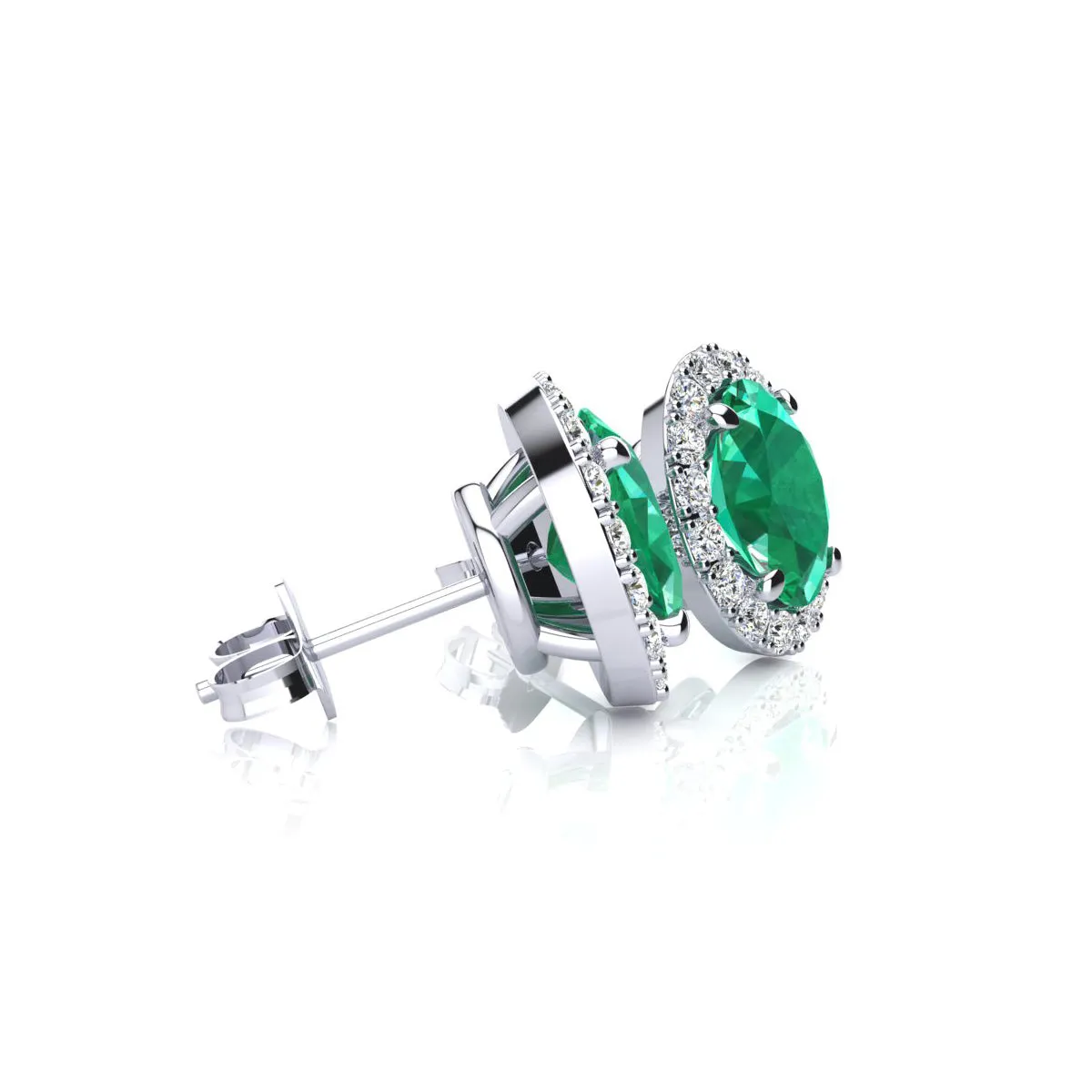 1 3/4 Carat Oval Shape Emerald And Halo Diamond Stud Earrings In 14 Karat White Gold