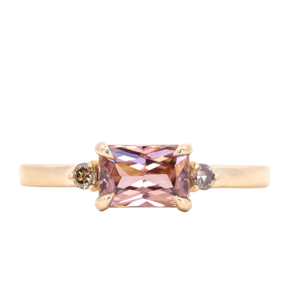 1.19ct East-West Radiant cut Pink Zircon and Champagne Diamond Low Profile Satin Flat Band Ring in 14k Yellow Gold