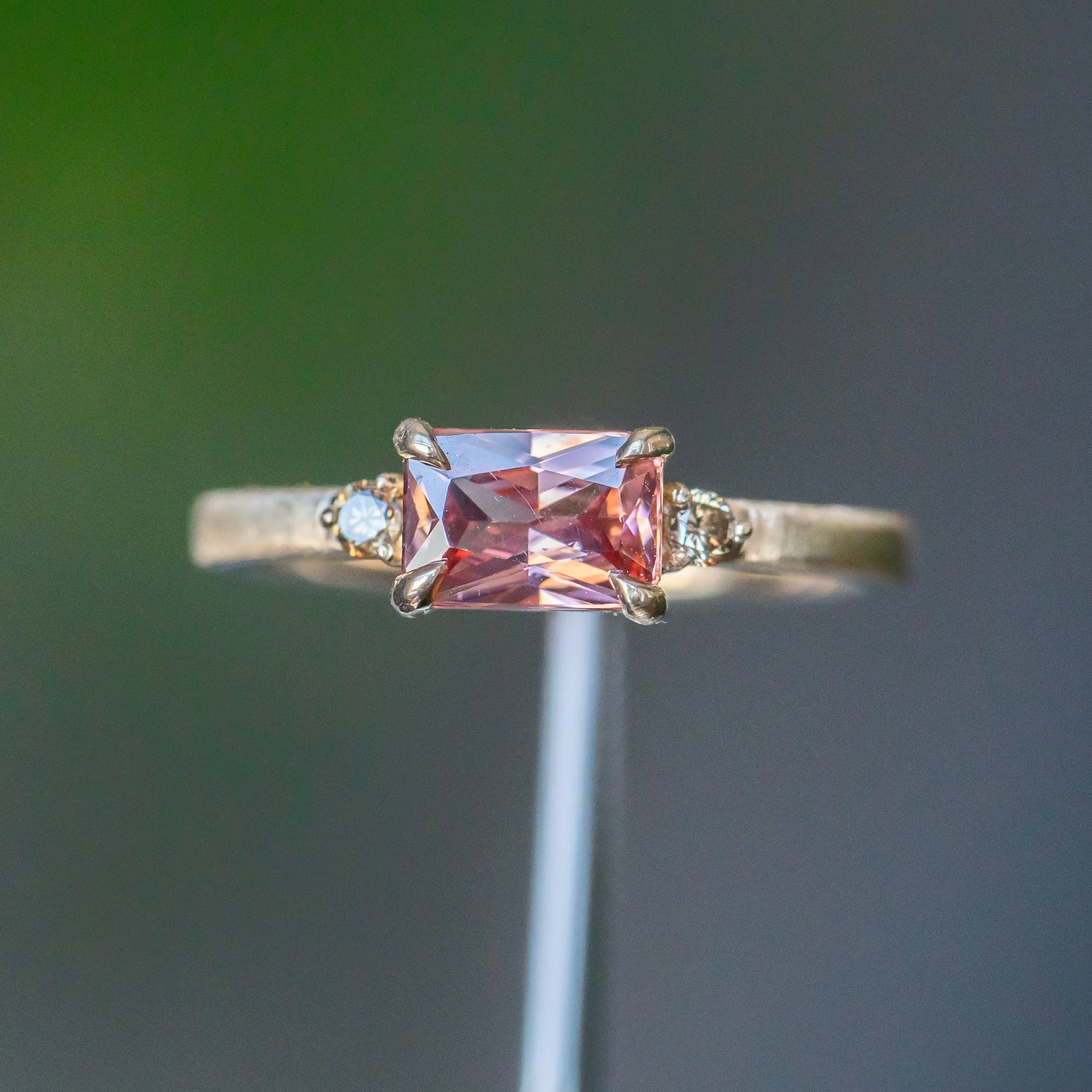 1.19ct East-West Radiant cut Pink Zircon and Champagne Diamond Low Profile Satin Flat Band Ring in 14k Yellow Gold