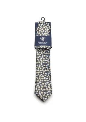 1880 Club Floral Print Handmade Tie and Pocket Square, Black Multi