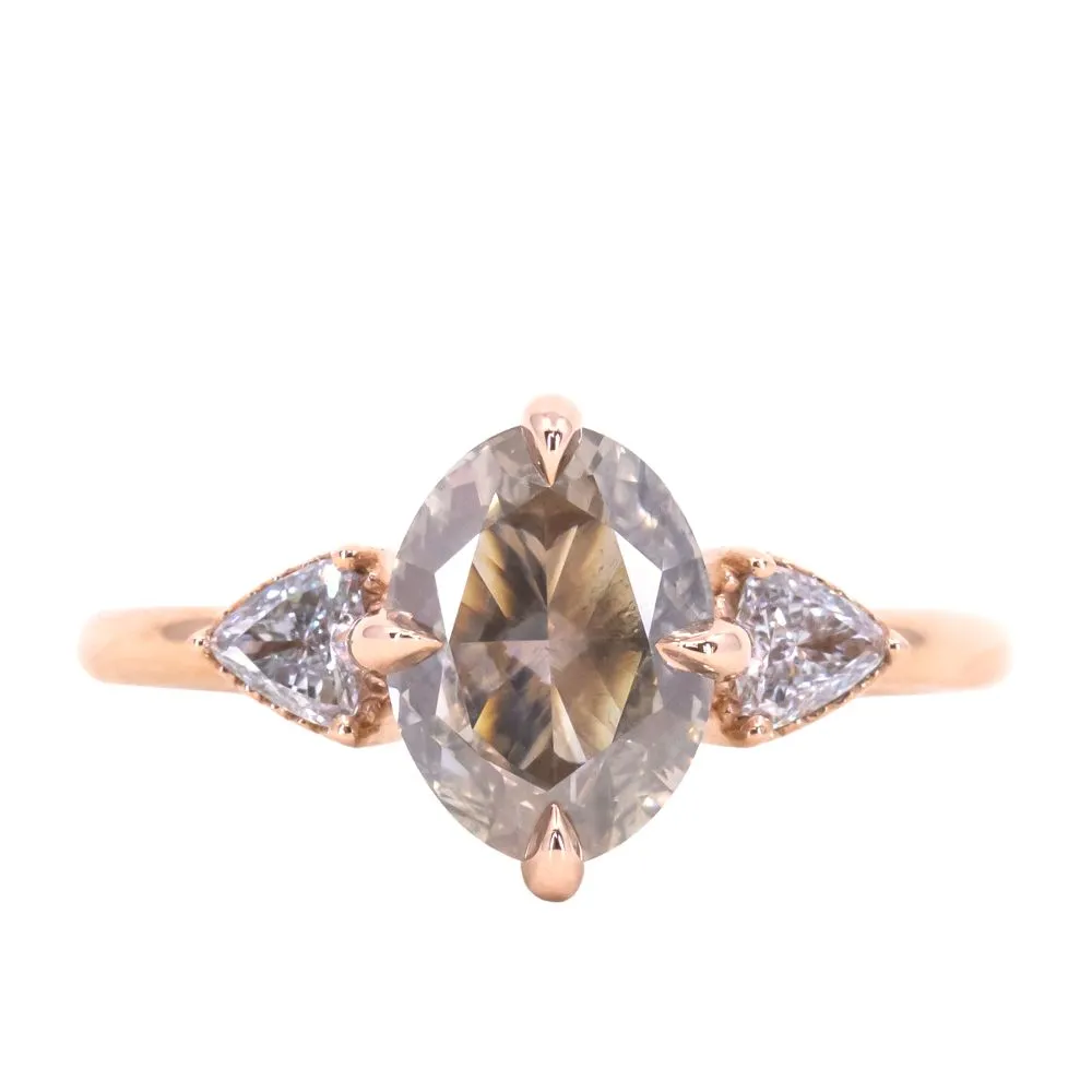 2.02ct Oval Champagne Diamond Three Stone Antique Low Profile Ring in 18k Rose Gold