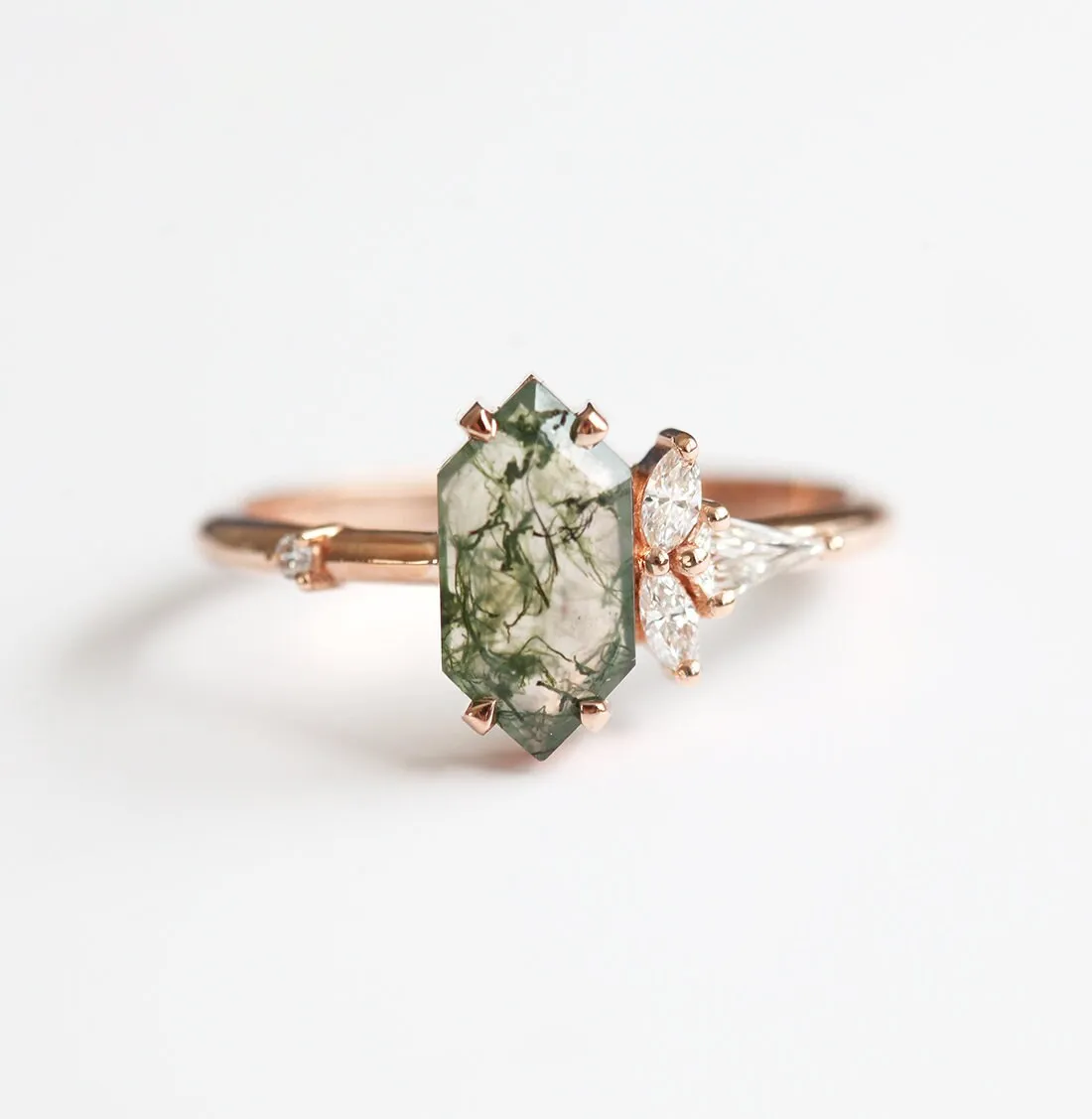 Amelia Hexagon Moss Agate Ring With Diamonds