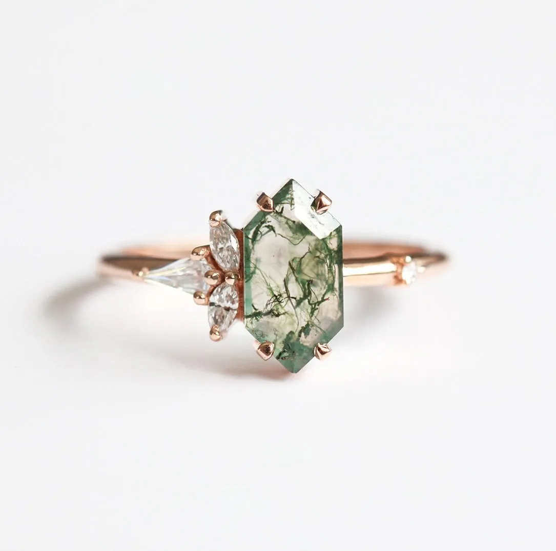 Amelia Hexagon Moss Agate Ring With Diamonds