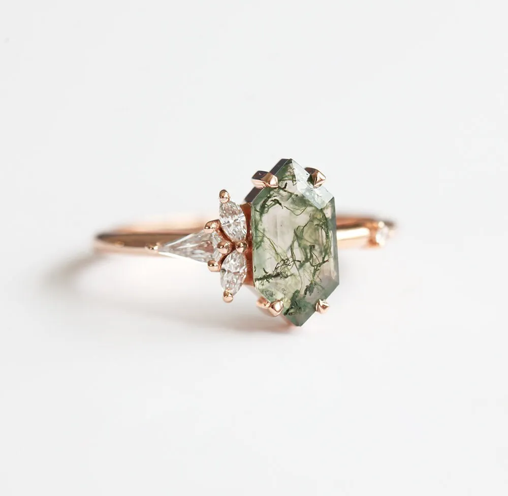 Amelia Hexagon Moss Agate Ring With Diamonds