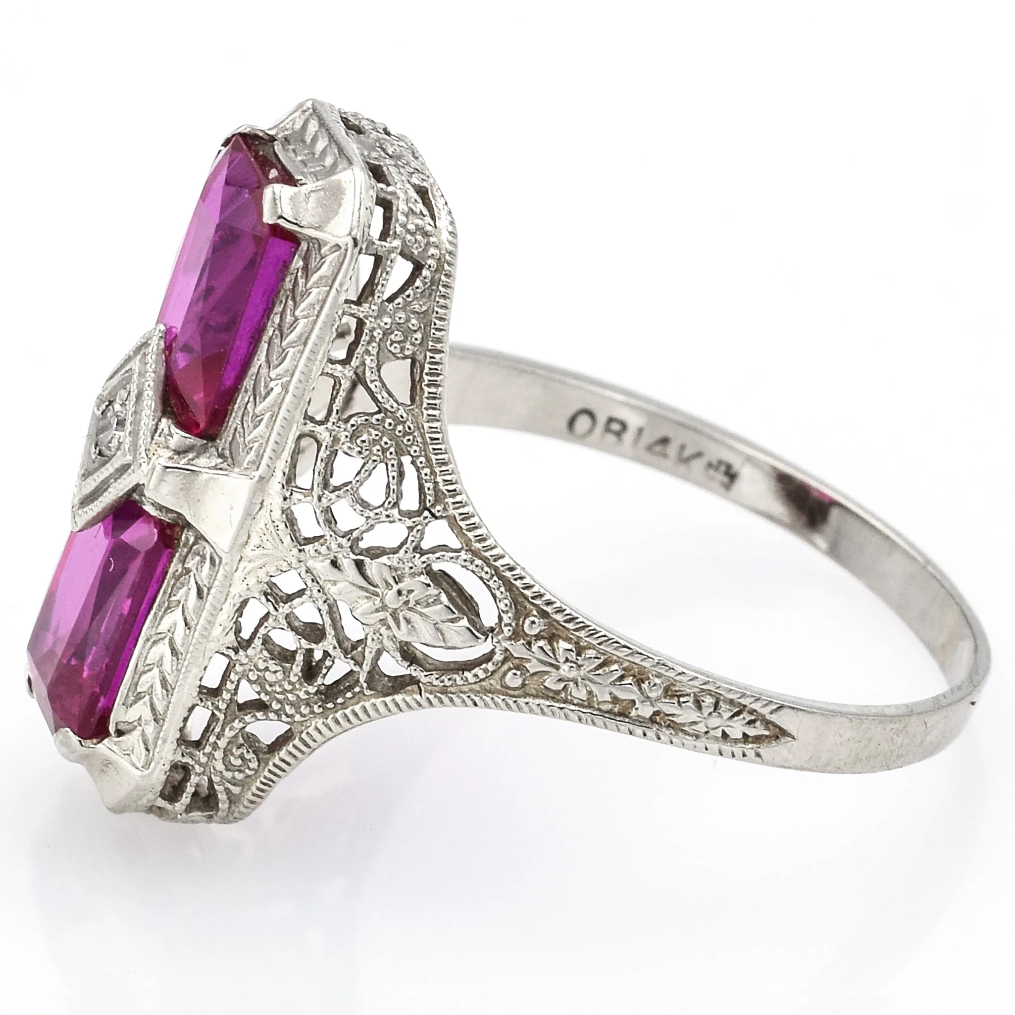 Antique 14K White Gold 2.48 TCW Ruby & Diamond Filigree Cocktail Ring