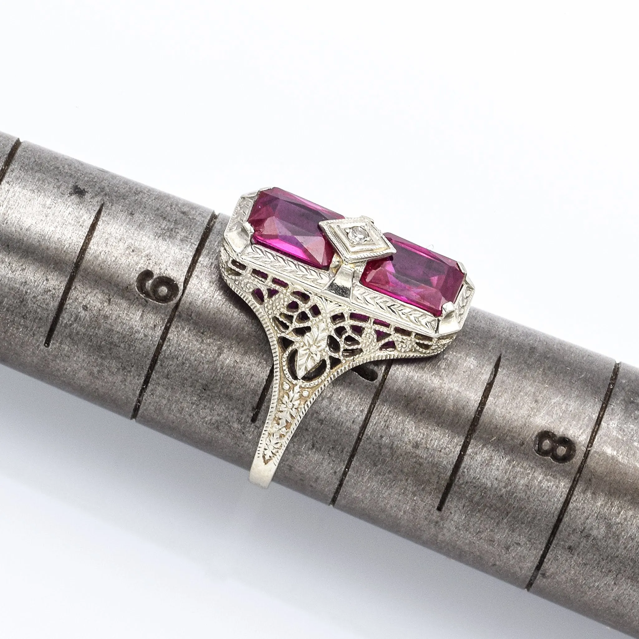 Antique 14K White Gold 2.48 TCW Ruby & Diamond Filigree Cocktail Ring