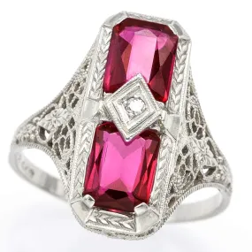 Antique 14K White Gold 2.48 TCW Ruby & Diamond Filigree Cocktail Ring