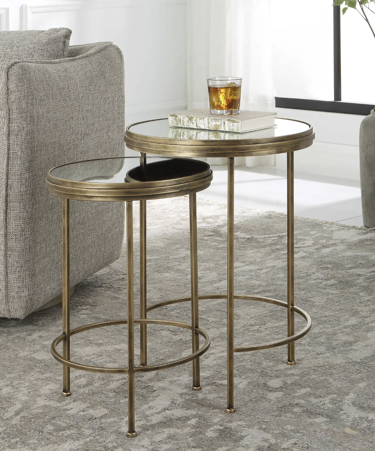 ANTIQUE BRUSHED GOLD NESTING TABLES S/2