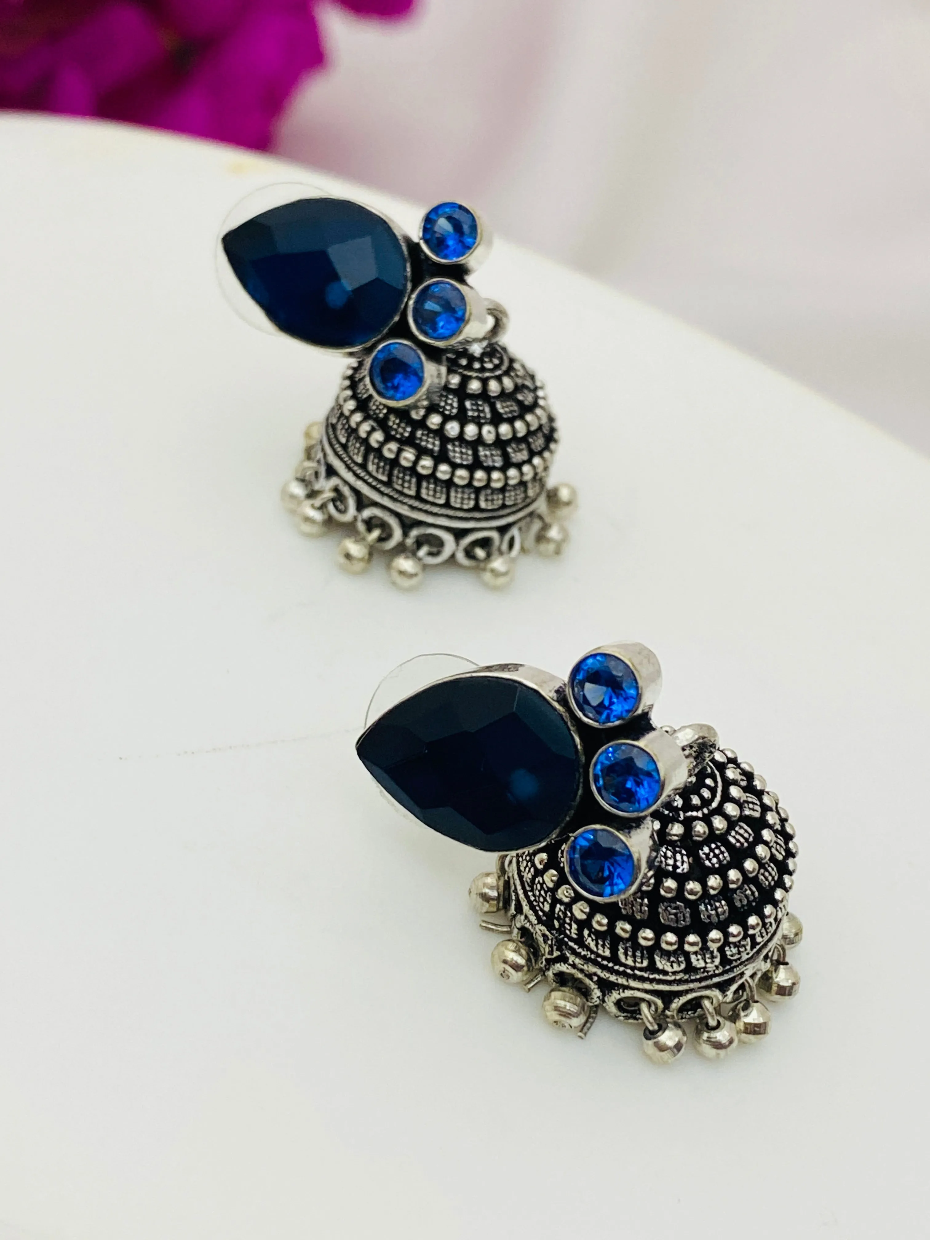 Appealing Dark Blue AD Stone Beaded Ethnic Silver Toned Oxidized Light Weighted Jhumka Earrings