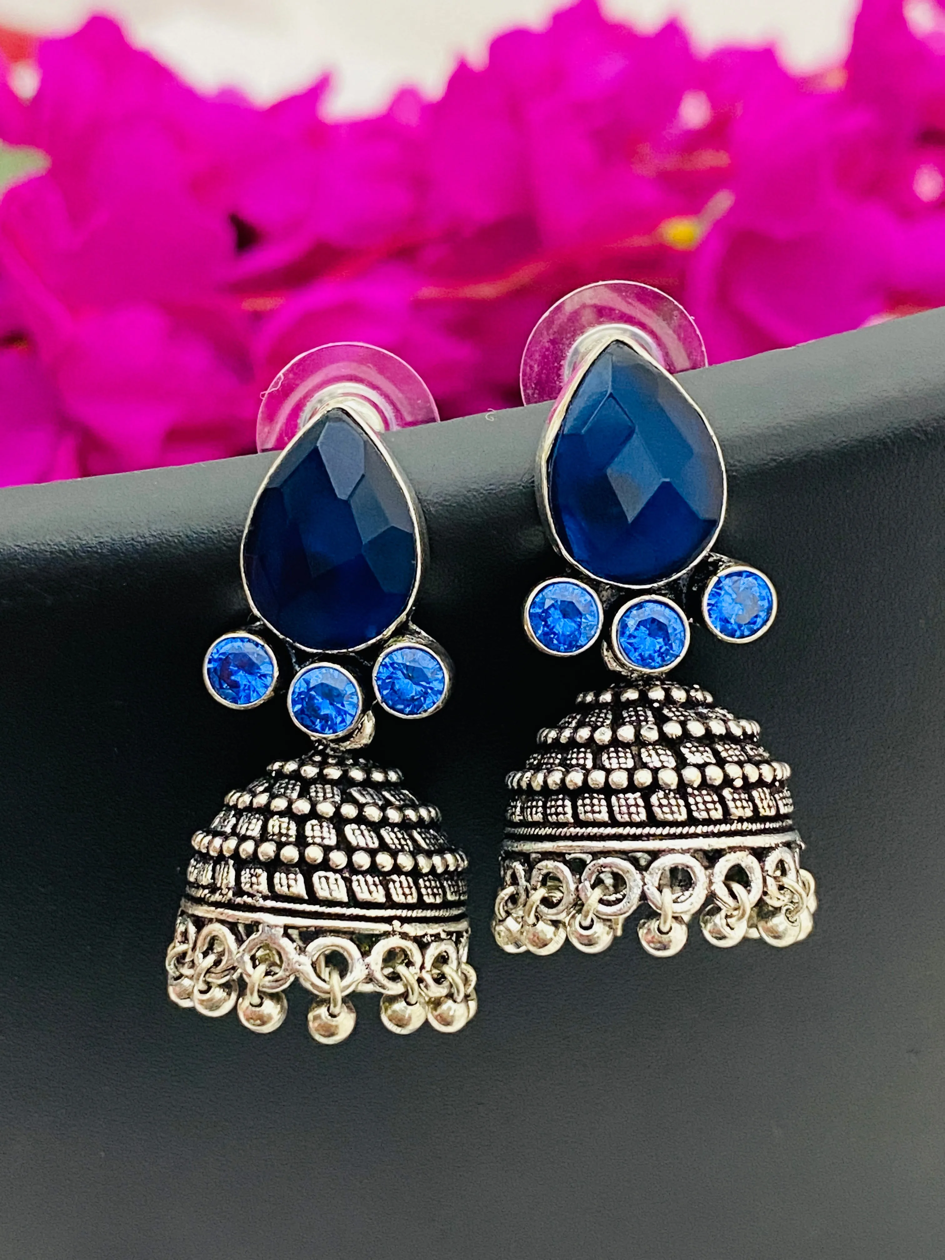 Appealing Dark Blue AD Stone Beaded Ethnic Silver Toned Oxidized Light Weighted Jhumka Earrings