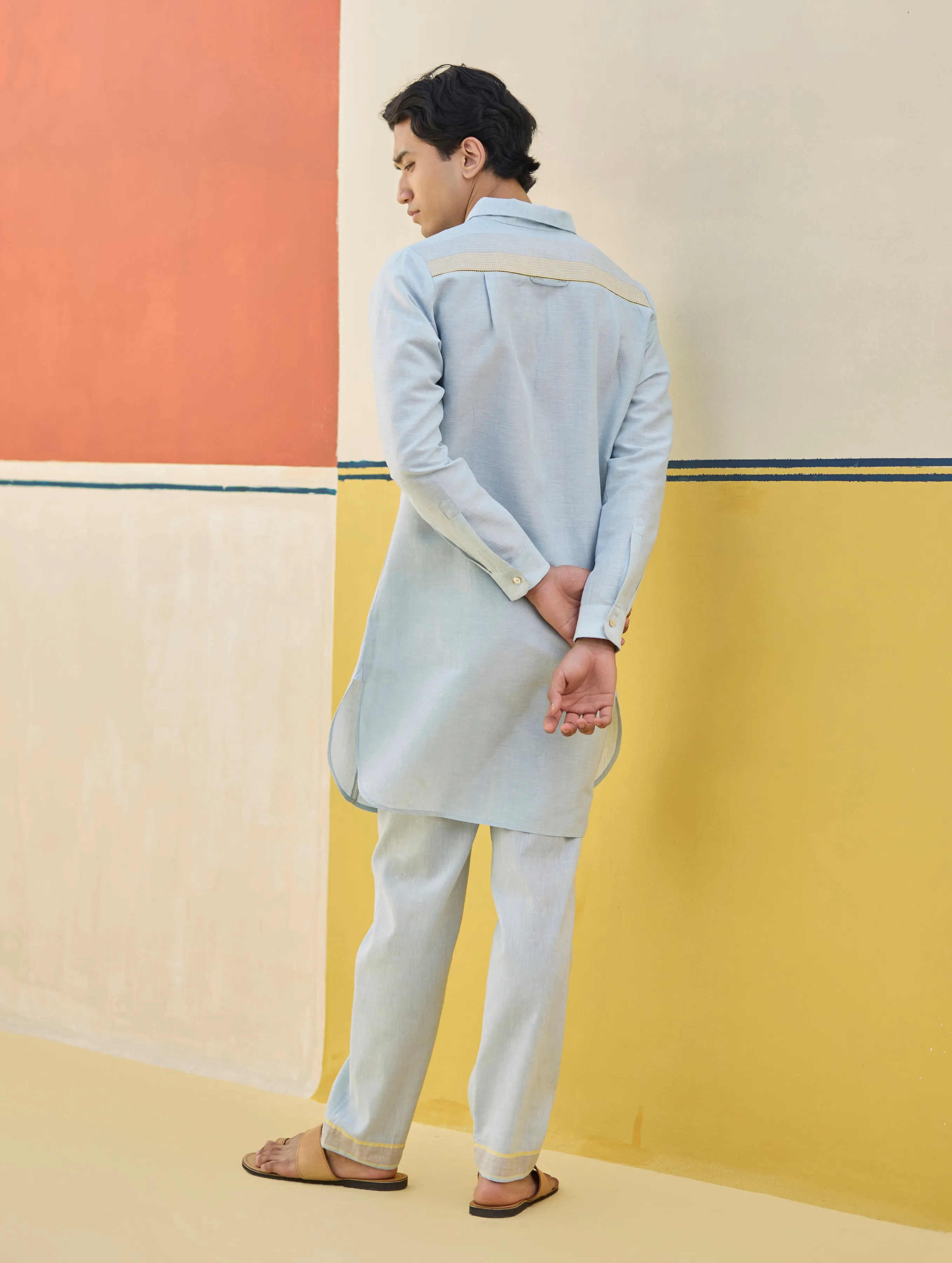 Arin Border Linen Kurta - Sky