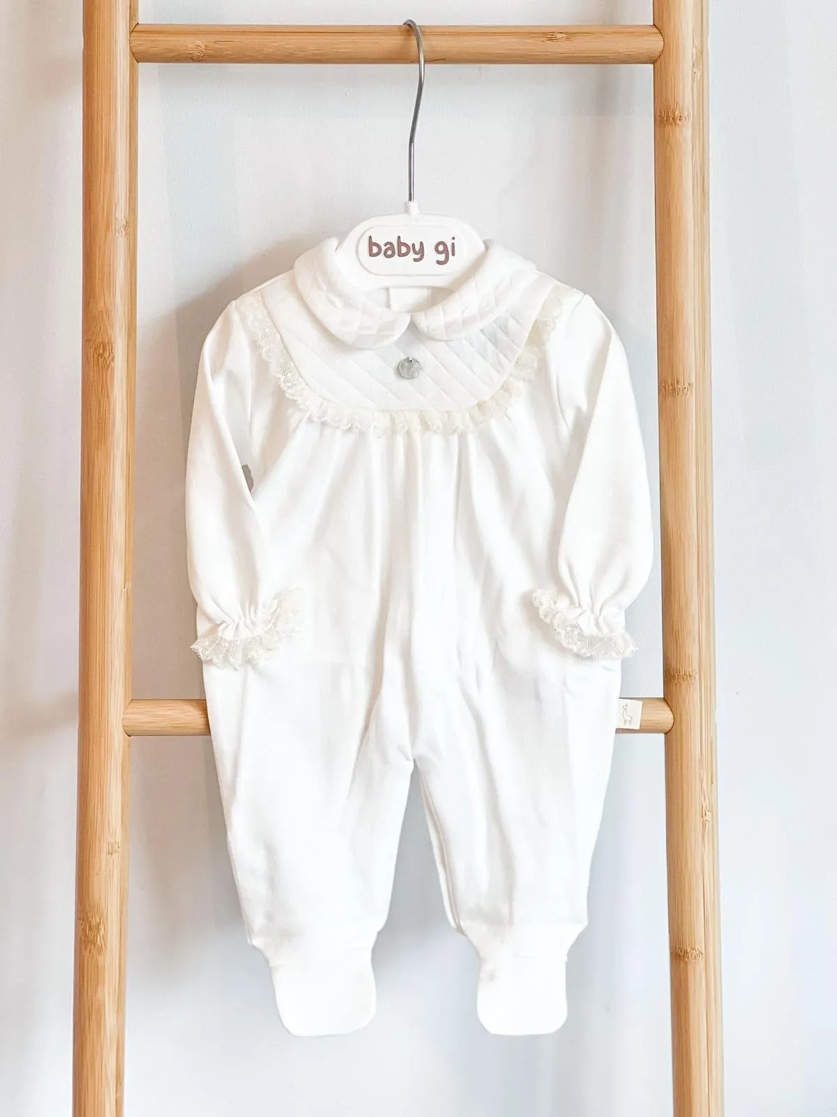 BabyGi Cream Quilted Baby Grow Trimmed With Lace