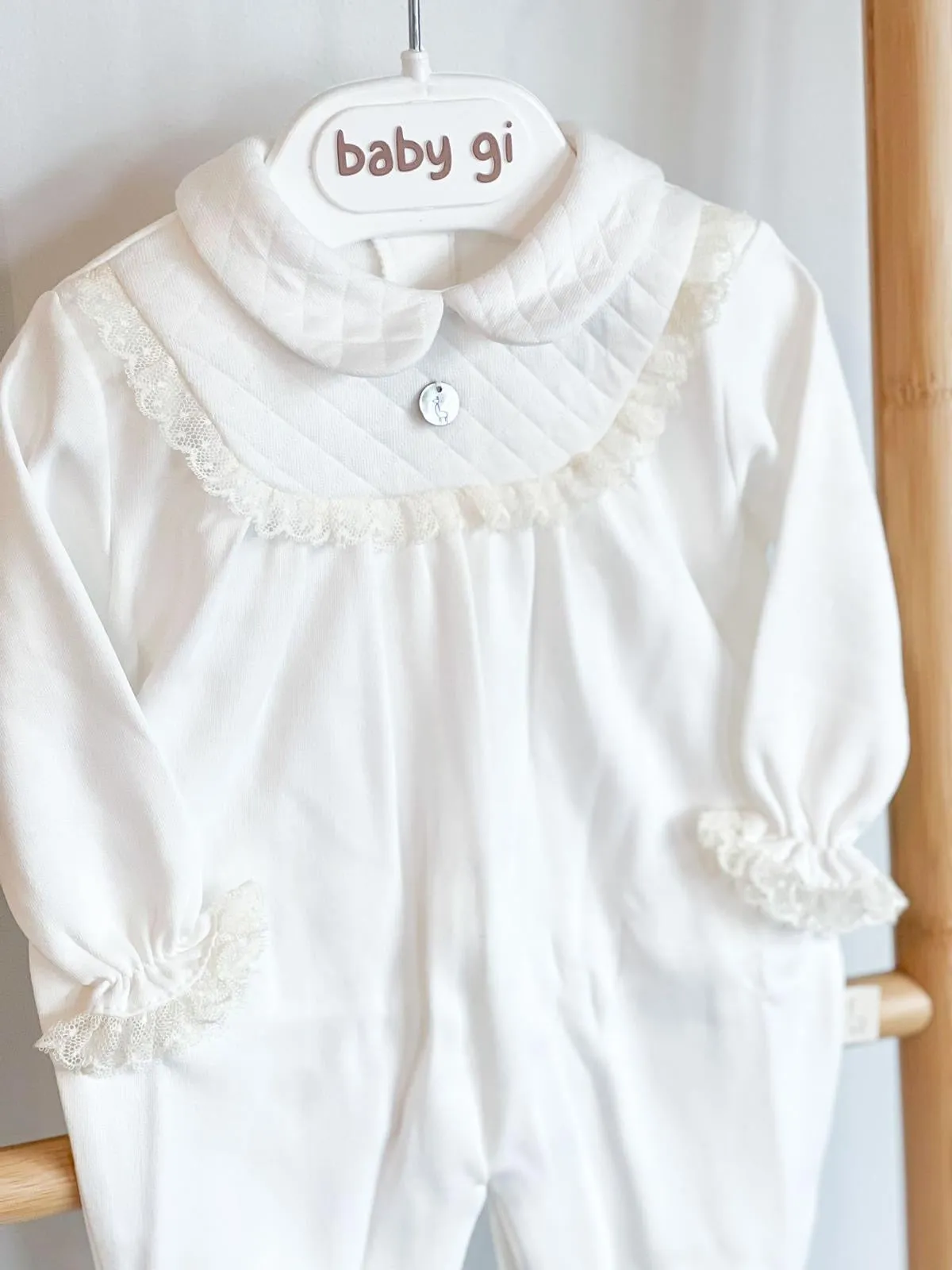 BabyGi Cream Quilted Baby Grow Trimmed With Lace