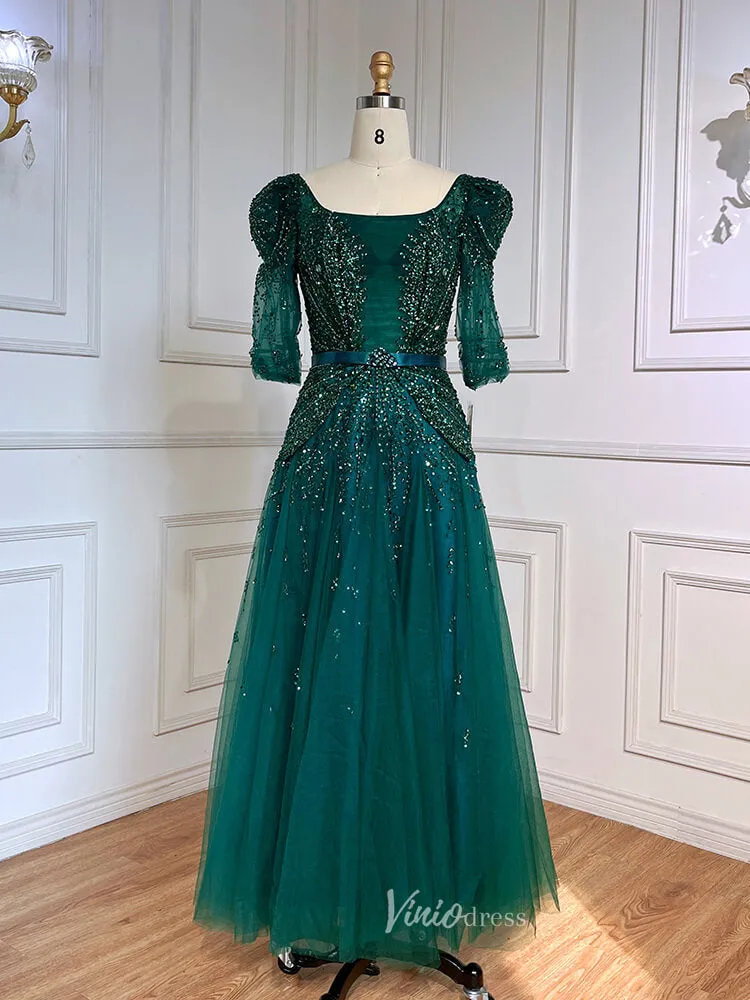 Beaded Tea Length Prom Dresses Elbow Sleeve Evening Dress 20040