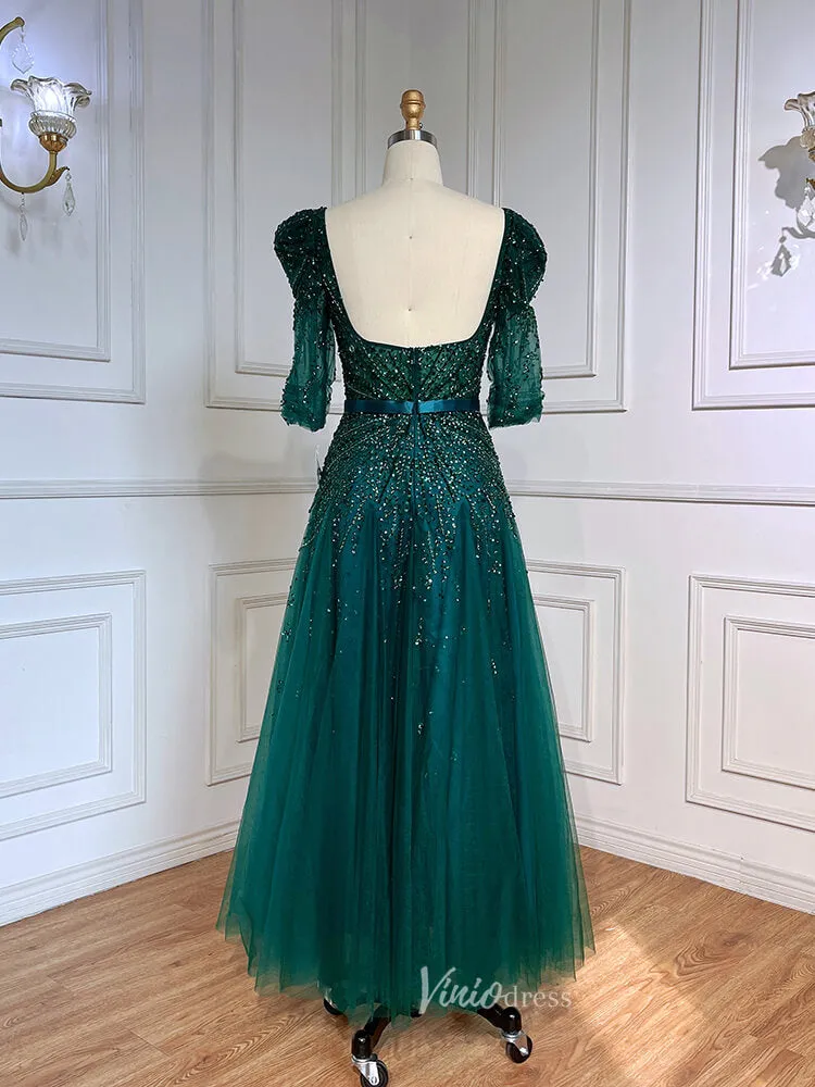 Beaded Tea Length Prom Dresses Elbow Sleeve Evening Dress 20040