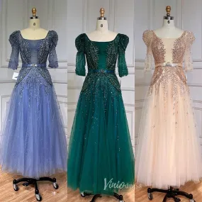 Beaded Tea Length Prom Dresses Elbow Sleeve Evening Dress 20040