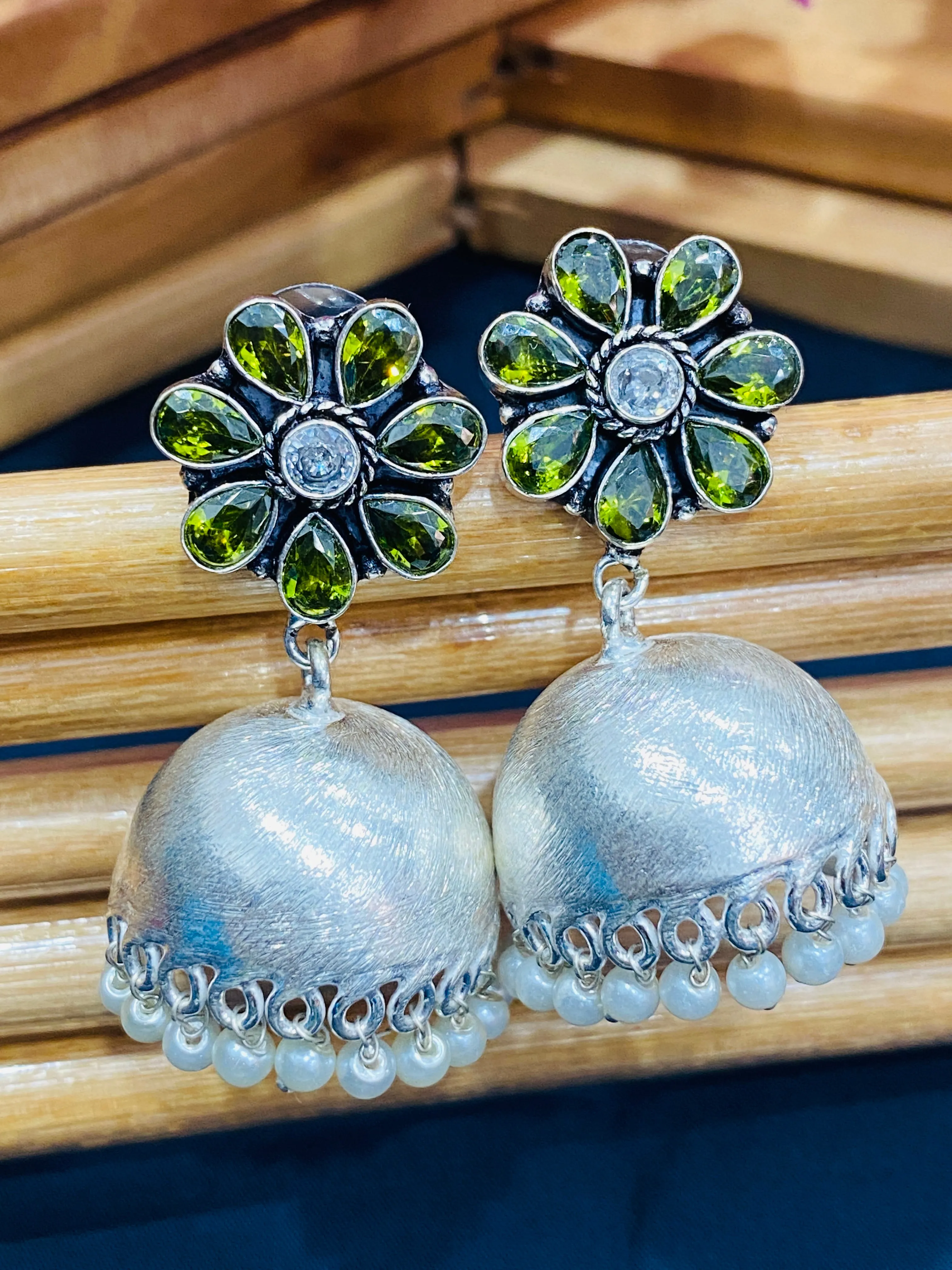 Blooming Green Floral German Silver Plated Oxidized Jhumka Earrings With Pearl Drops