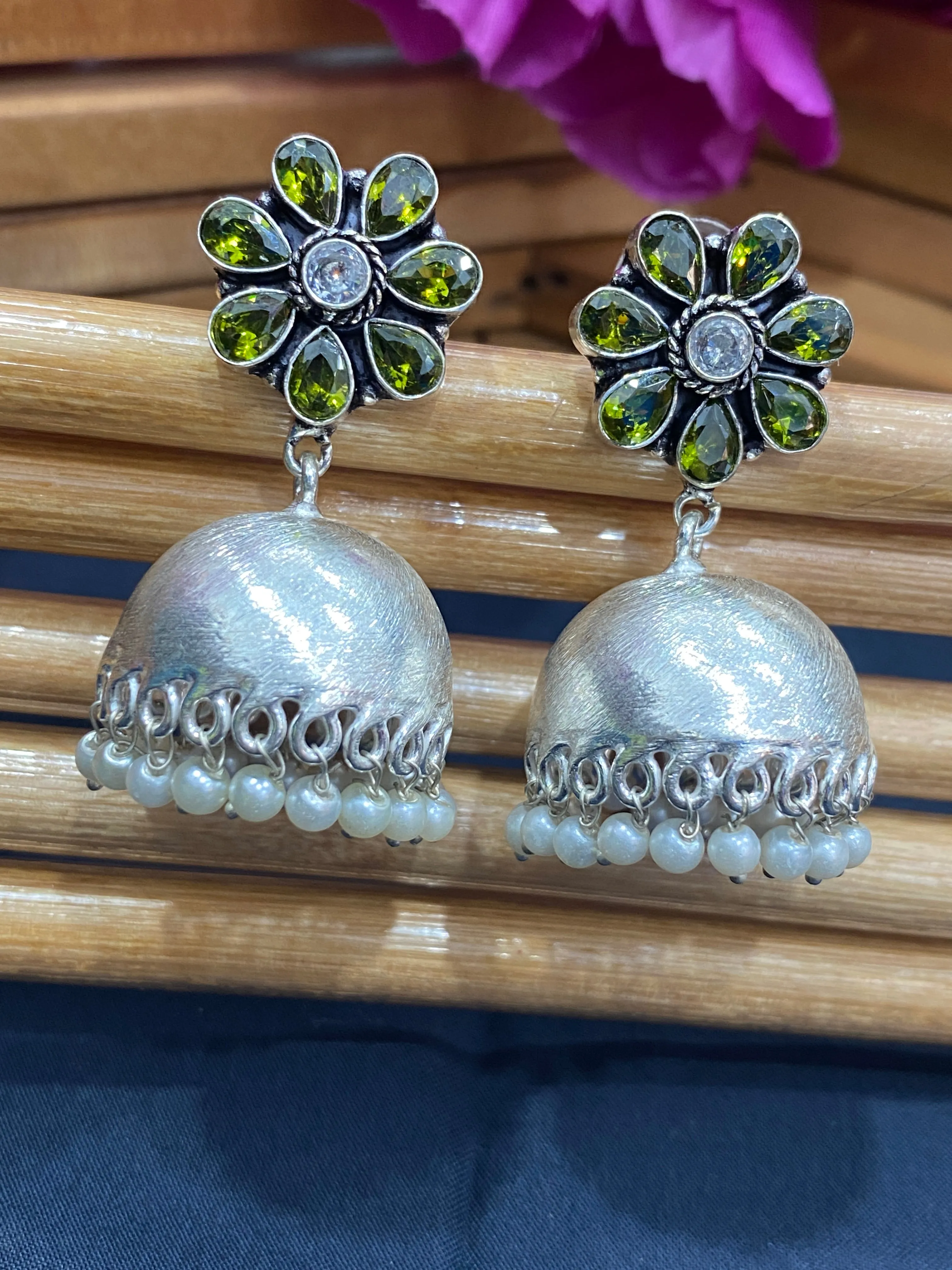 Blooming Green Floral German Silver Plated Oxidized Jhumka Earrings With Pearl Drops