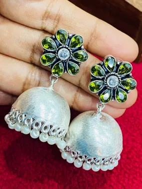 Blooming Green Floral German Silver Plated Oxidized Jhumka Earrings With Pearl Drops