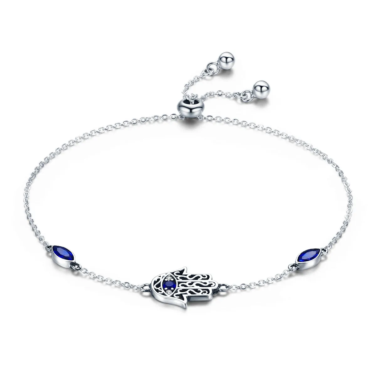 Blue Hamsa Bolo Bracelet Sterling Silver