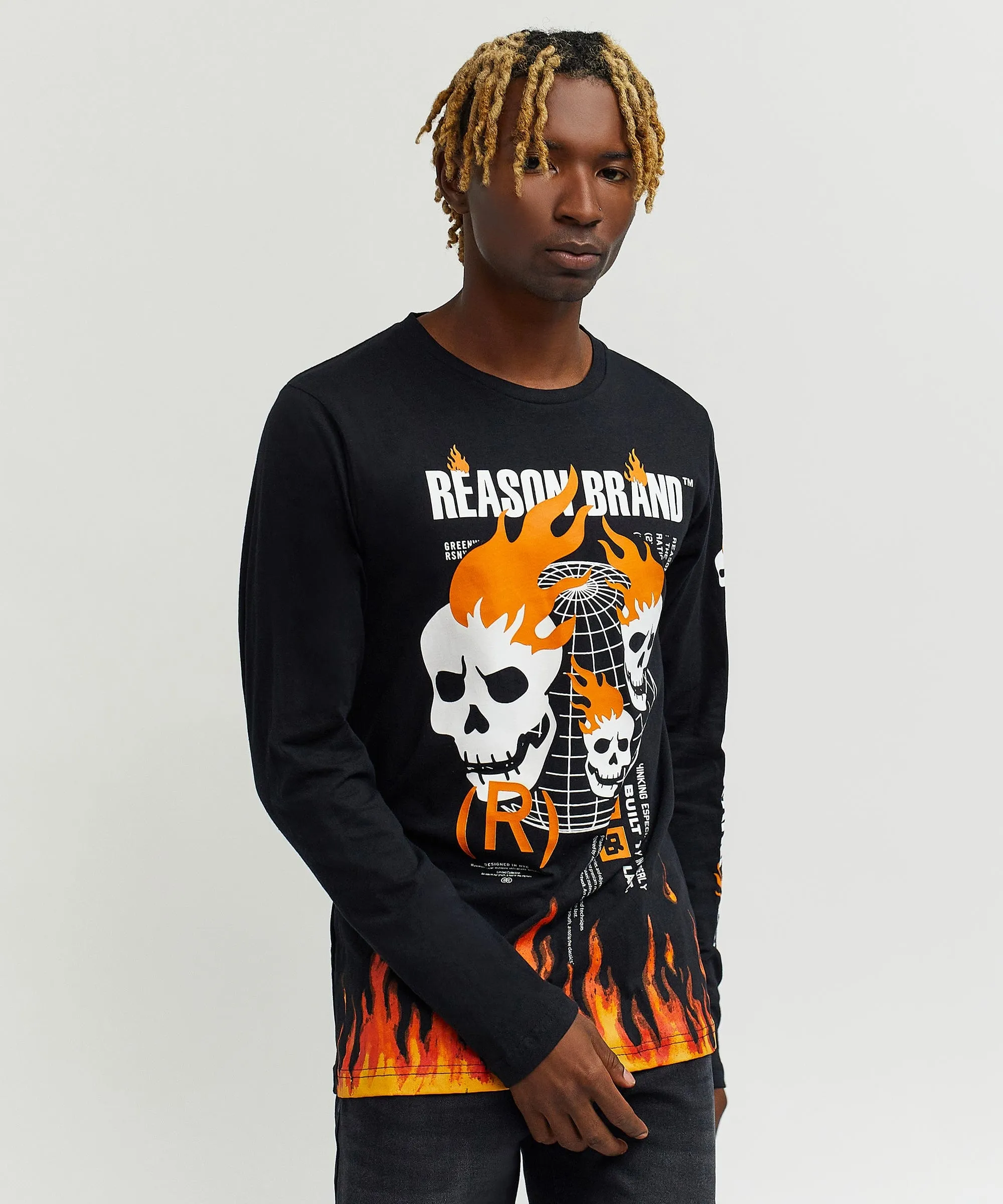 Brad Skull Flame Placement Print Long Sleeve Tee