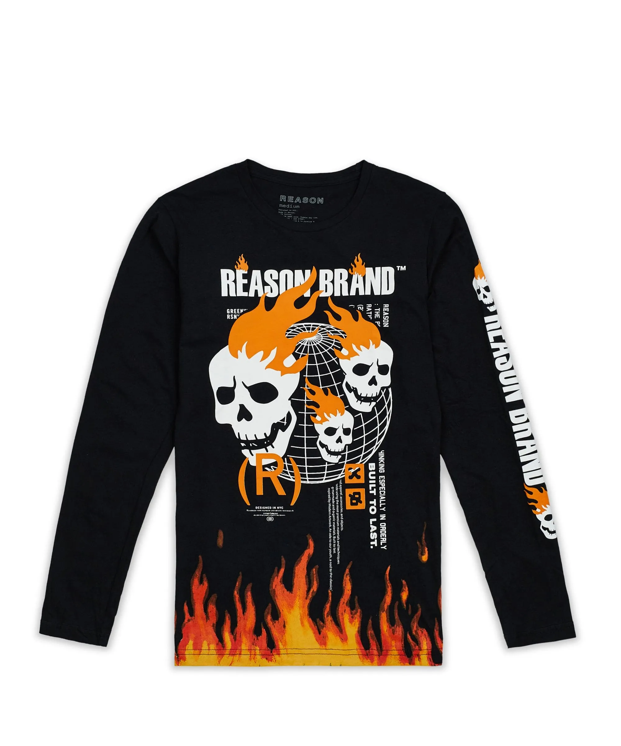 Brad Skull Flame Placement Print Long Sleeve Tee