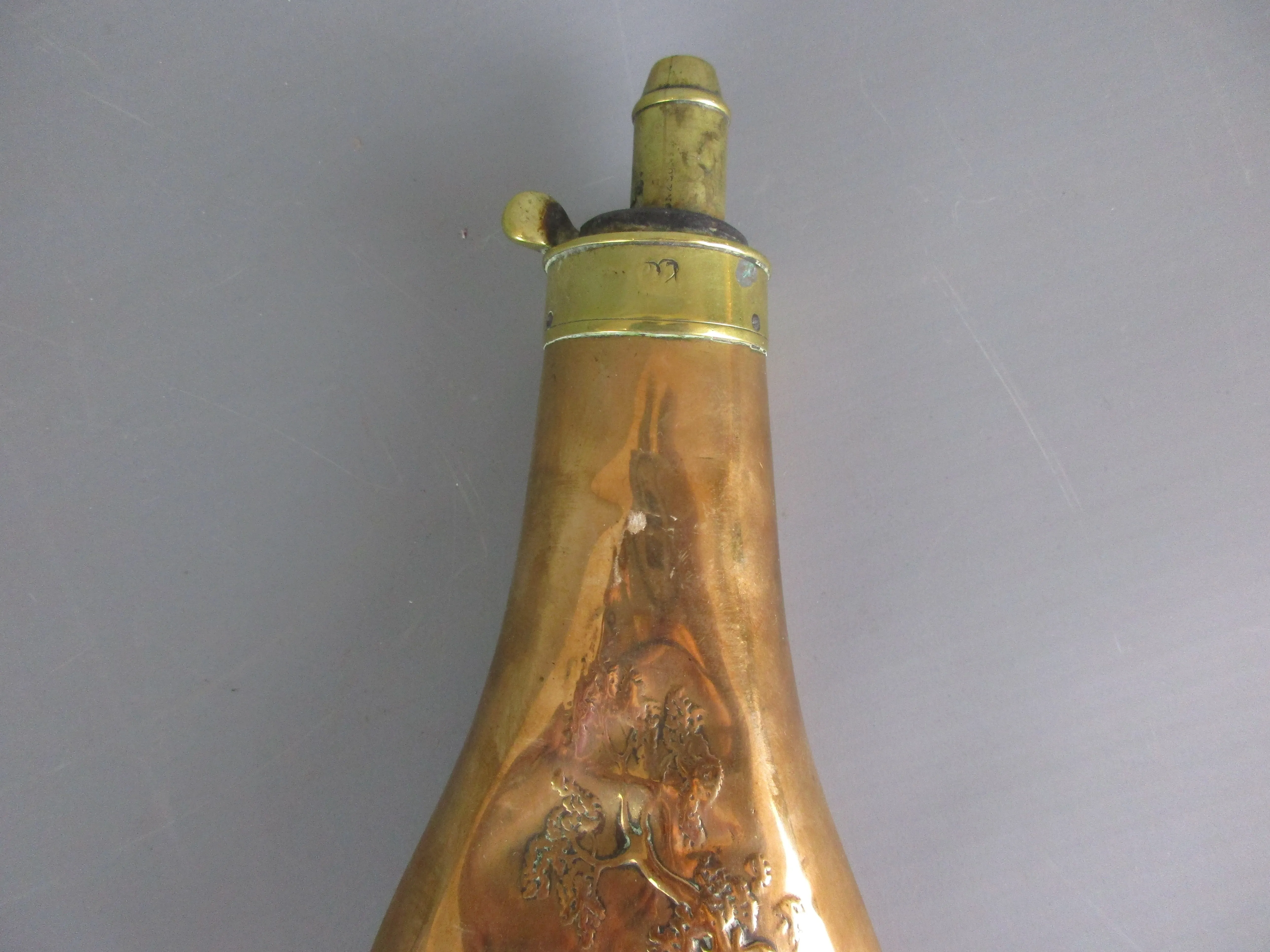 Brass Powder Flask with Dog Image Antique