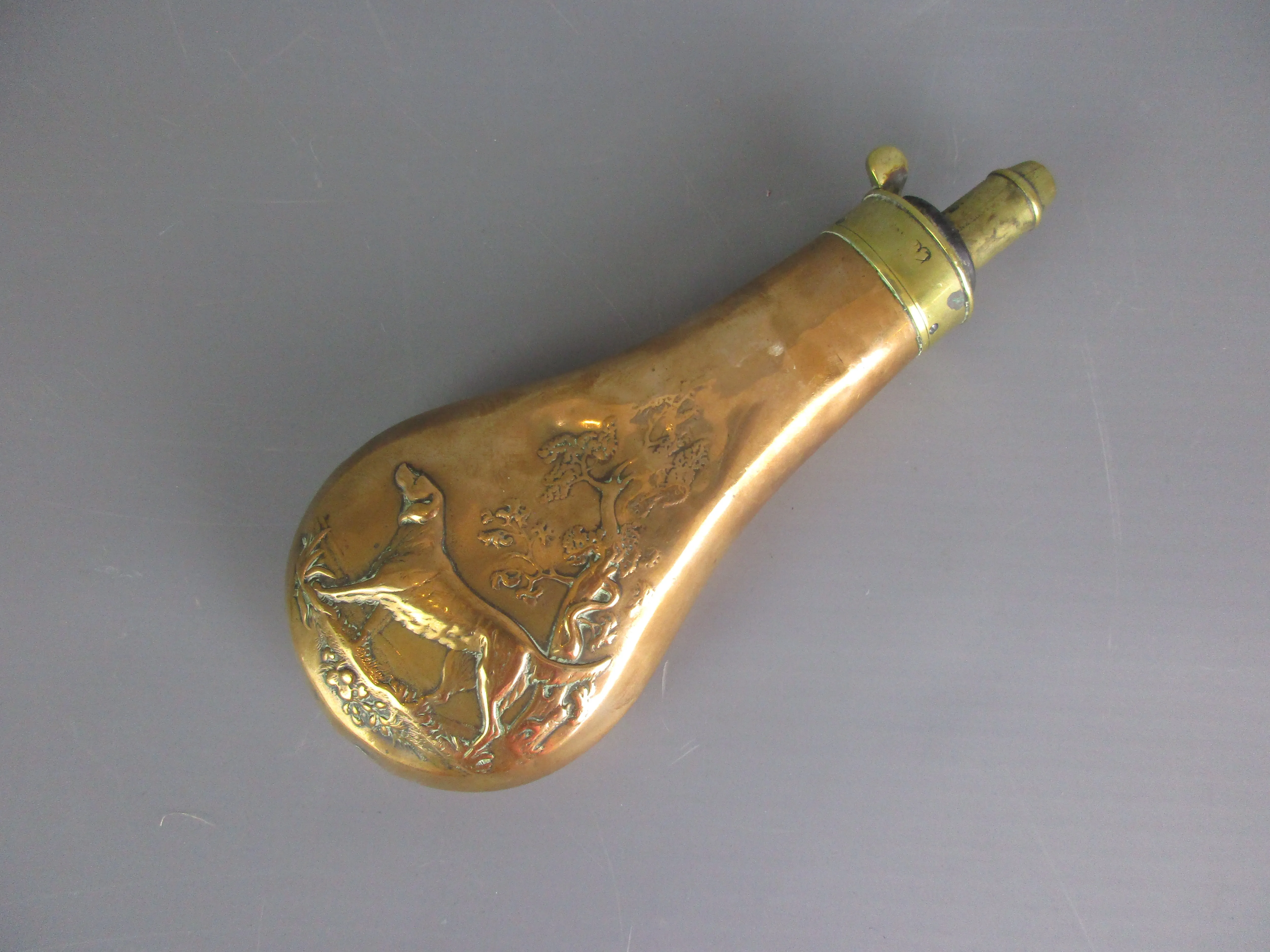 Brass Powder Flask with Dog Image Antique