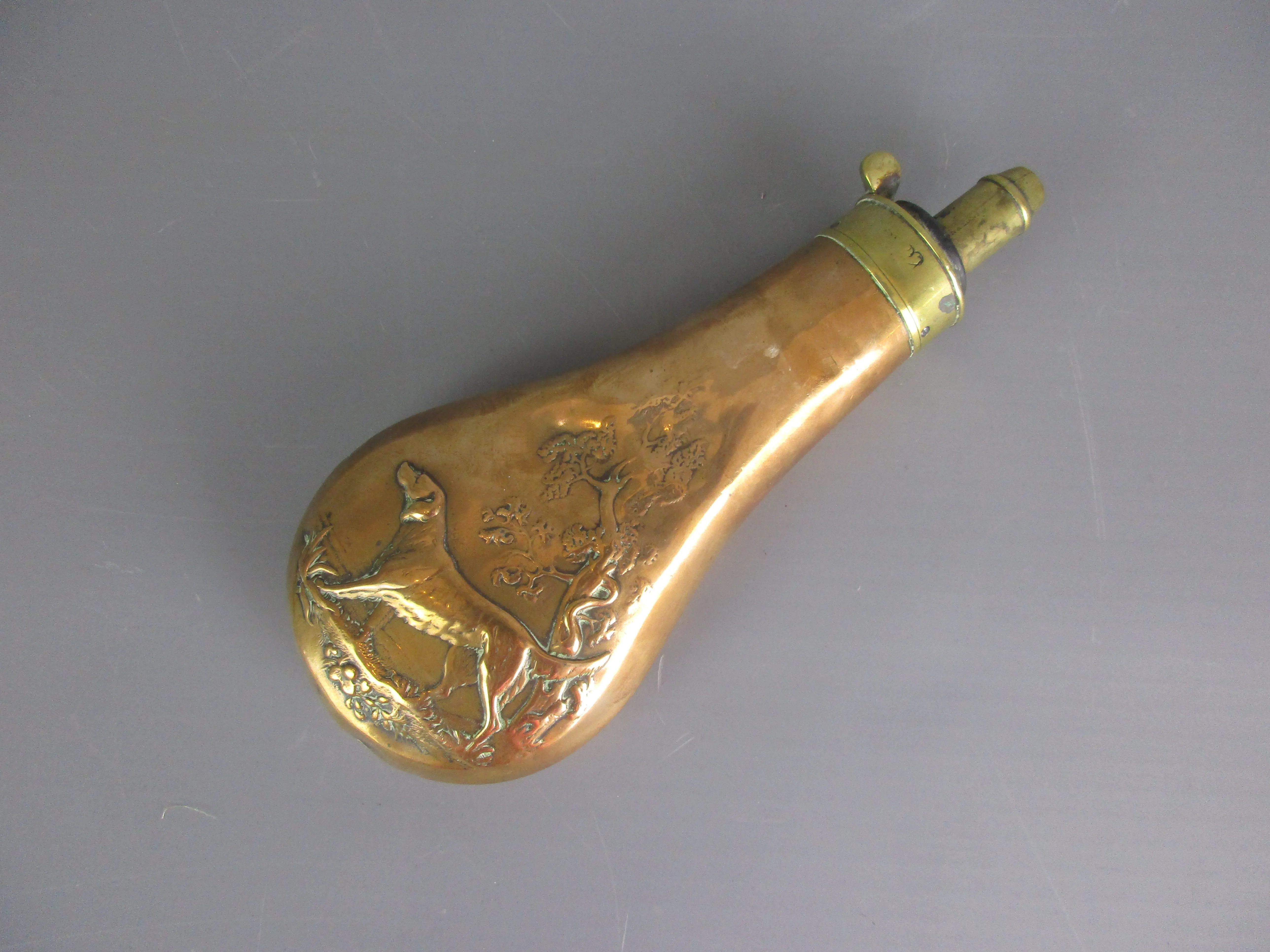 Brass Powder Flask with Dog Image Antique