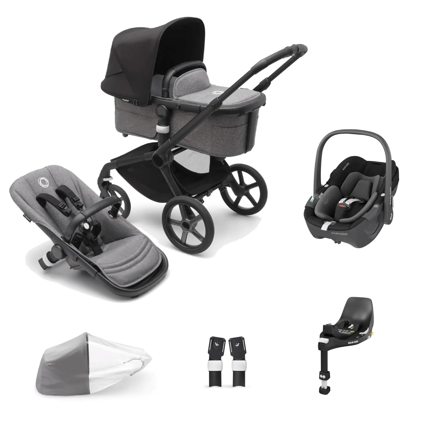 Bugaboo Fox 5, Pebble 360 and Base Travel System - Black/Grey Melange/Midnight Black