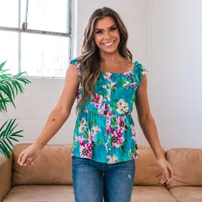 Chantal Teal Floral Ruffle Peplum Top FINAL SALE