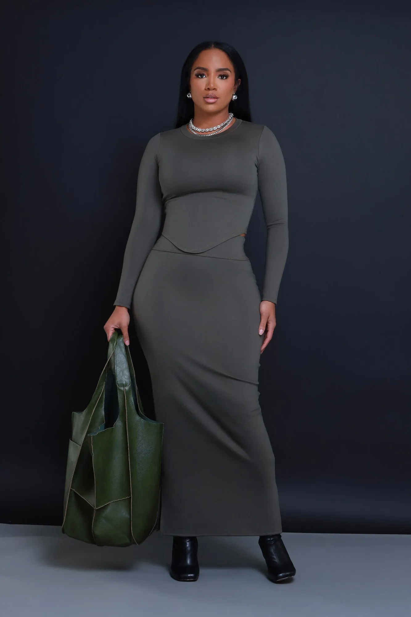 Cross Your Mind Maxi Skirt Set - Olive