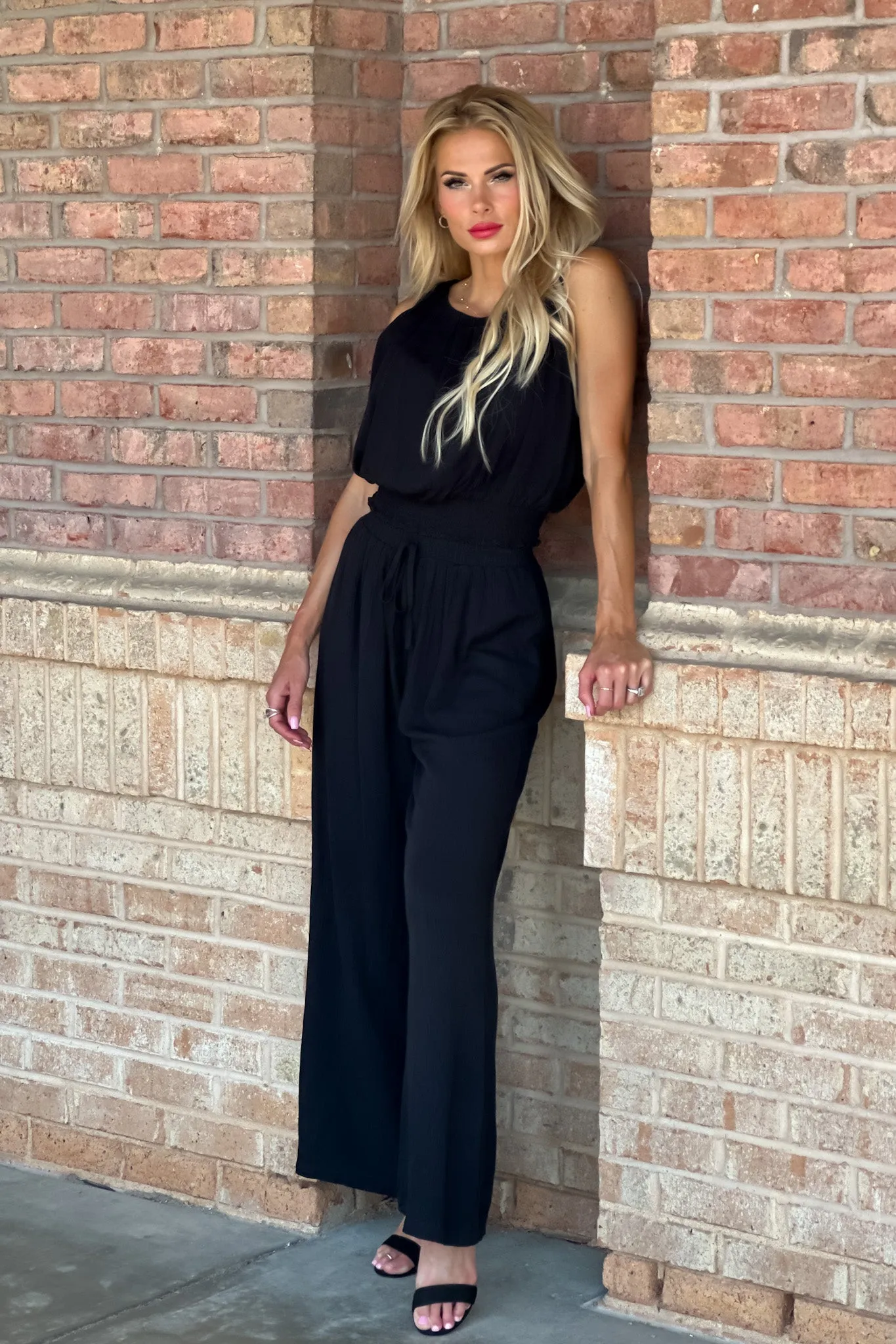 Date Night Feels Smocked Waist Tank/Pant Set : Black