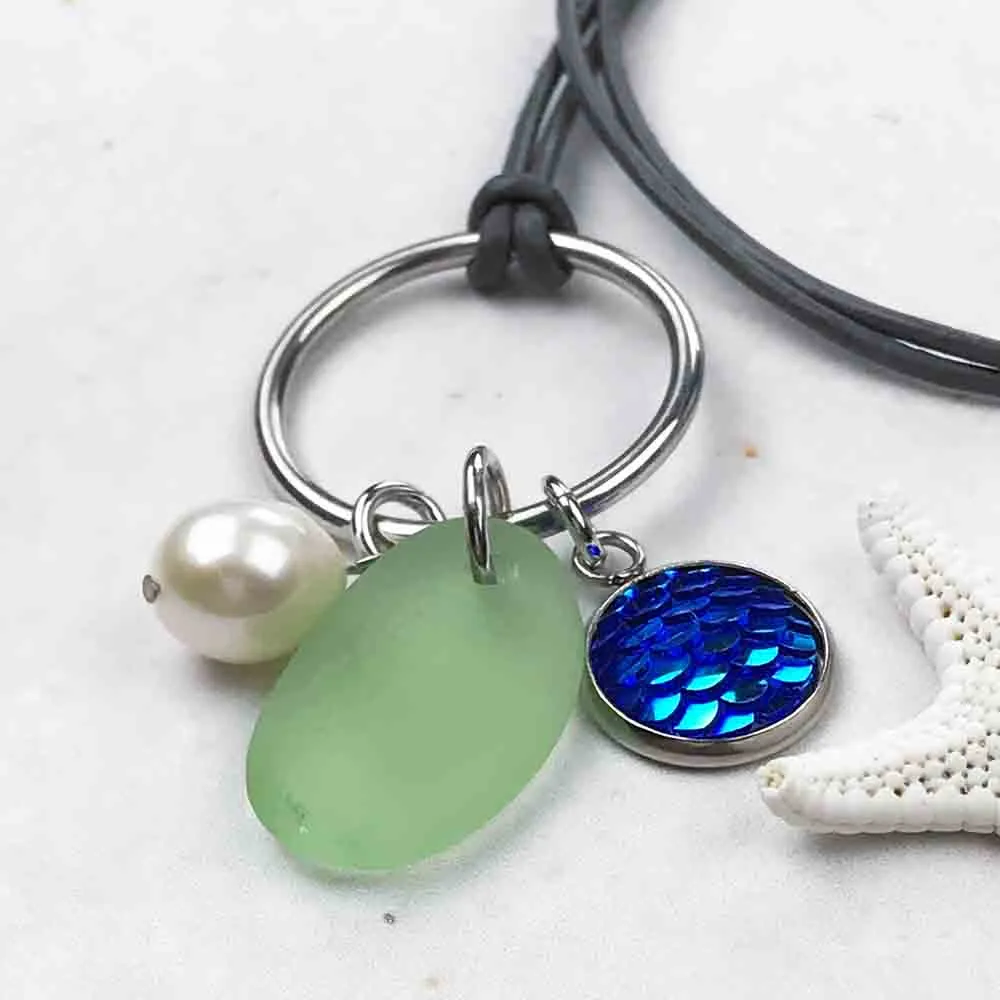 Deep Blue Sea Mermaid Dreams Necklace with Seafoam Sea Glass & Genuine Pearl | #1354