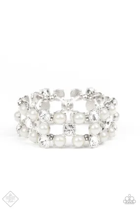 Diamonds and Debutantes White Pearl and Rhinestone Stretch Cuff Bracelet - Paparazzi Accessories