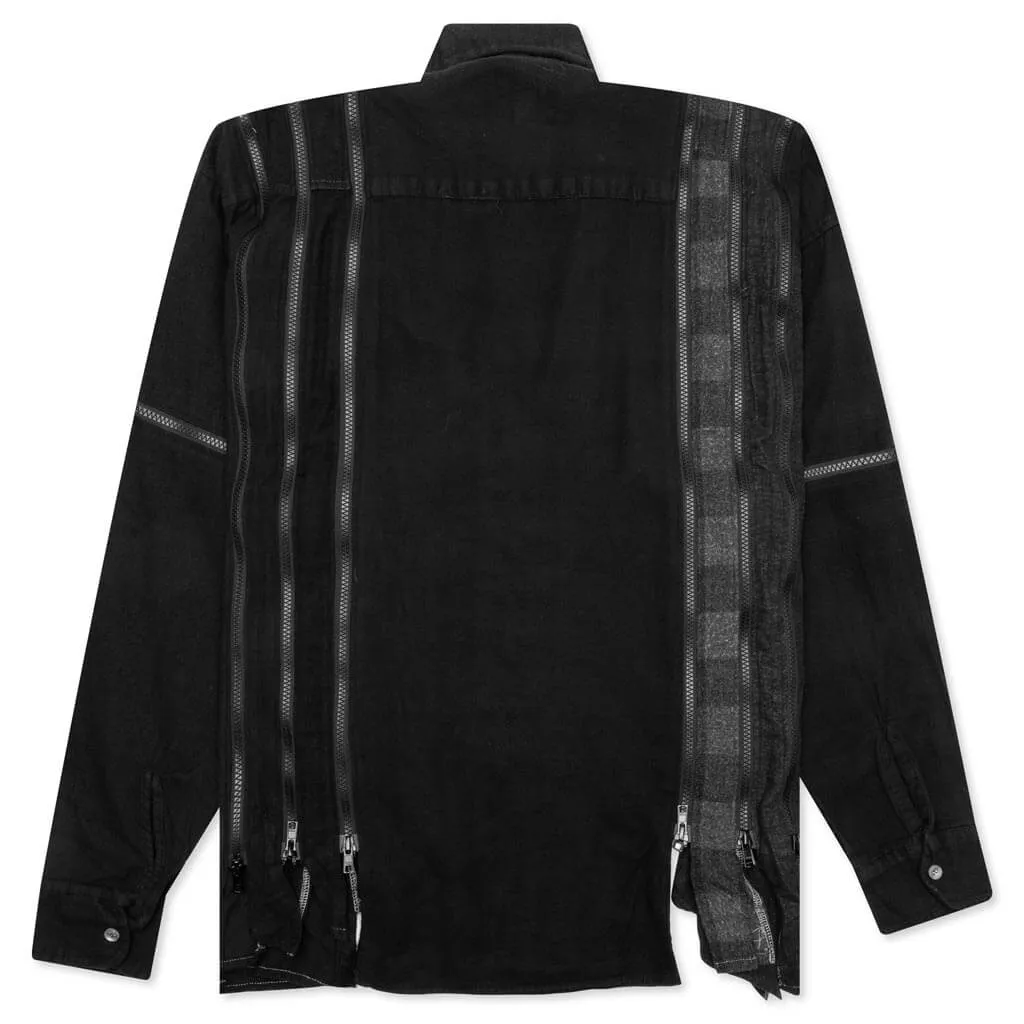 Flannel Shirt 7 Cuts Zipped Wide Shirt Over Dye - Black