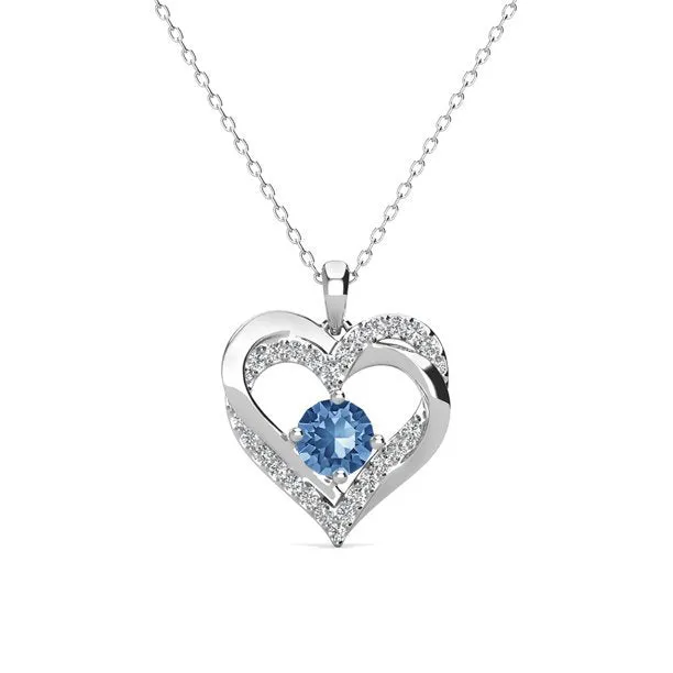 Forever 18k White Gold Plated Birthstone Double Heart Necklace with Crystals