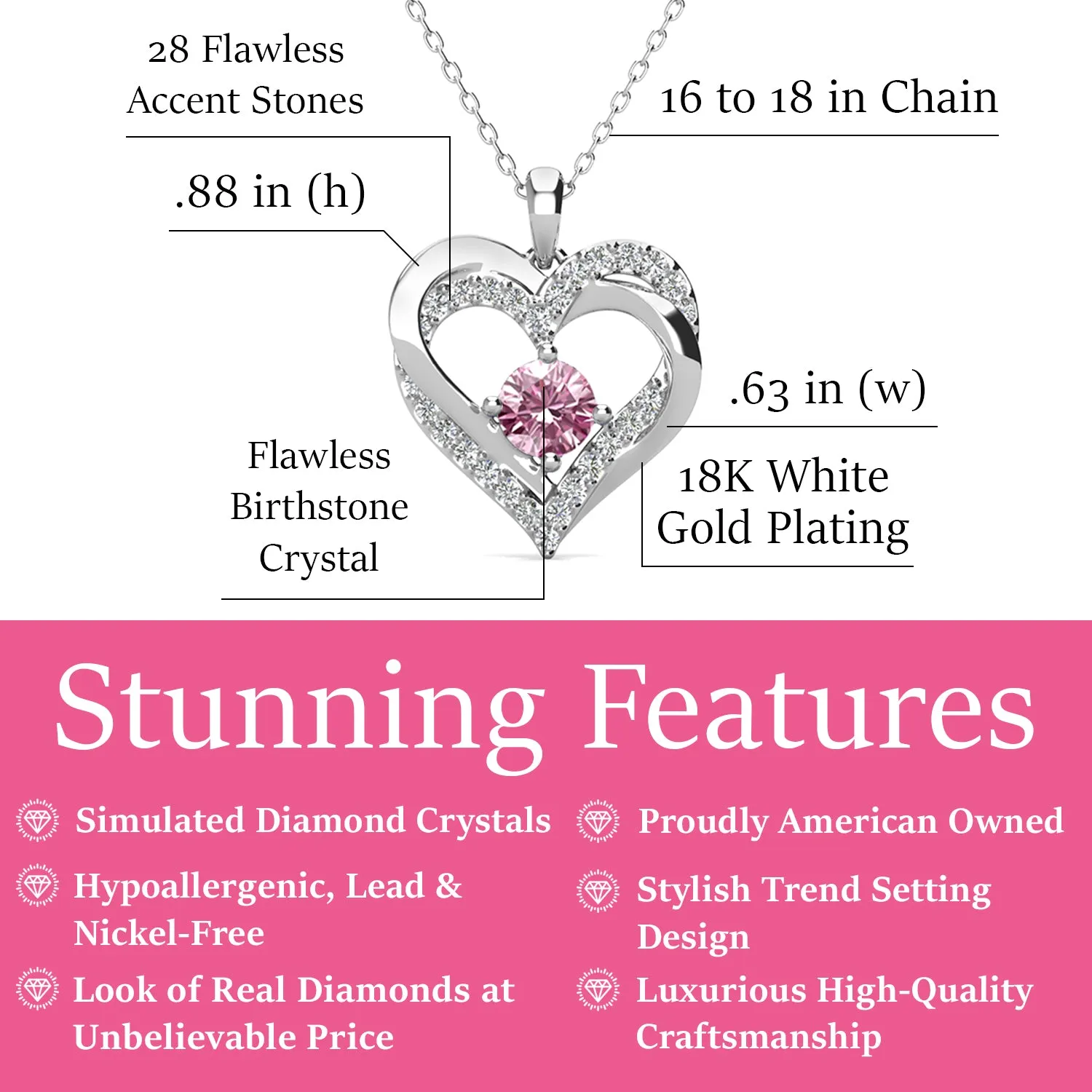 Forever 18k White Gold Plated Birthstone Double Heart Necklace with Crystals