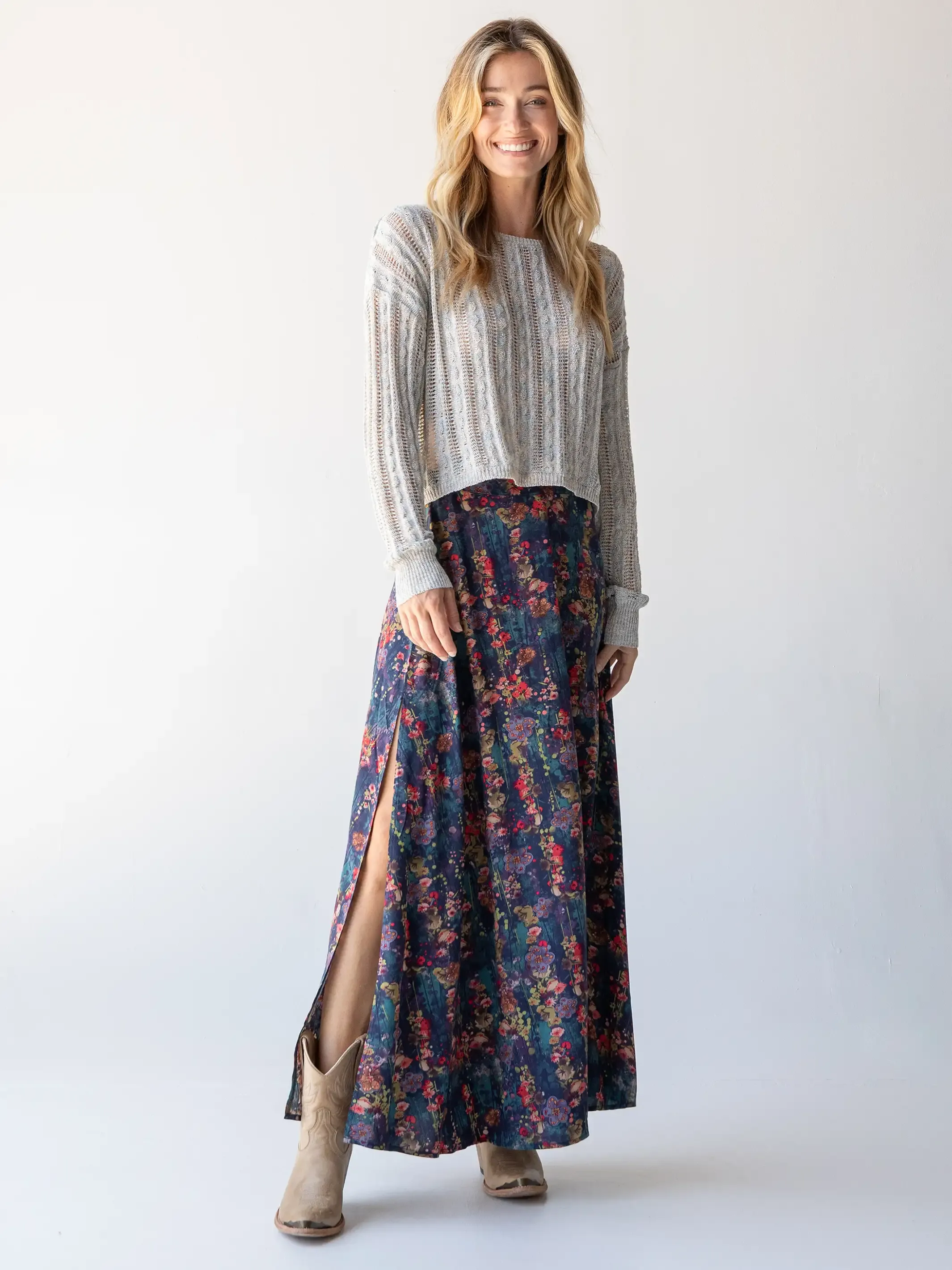 Ginger Side-Slit Maxi Skirt - Watercolor Floral