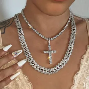 Iced Out Cross Pendant   Cuban Link Chain Set