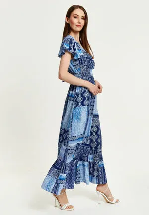 Liquorish Blue Tile Print Maxi Dress With Short Sleeves