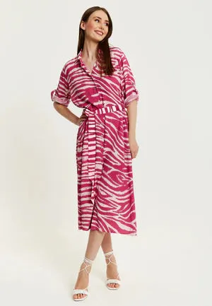 Liquorish Fuchsia Zebra Print Midi Shirt Dress