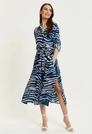 Liquorish Navy Zebra Print Midi Shirt Dress