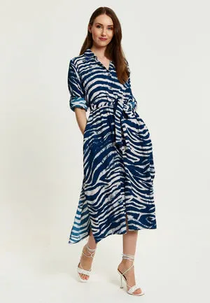 Liquorish Navy Zebra Print Midi Shirt Dress