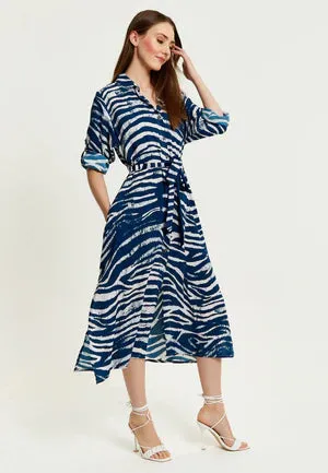 Liquorish Navy Zebra Print Midi Shirt Dress