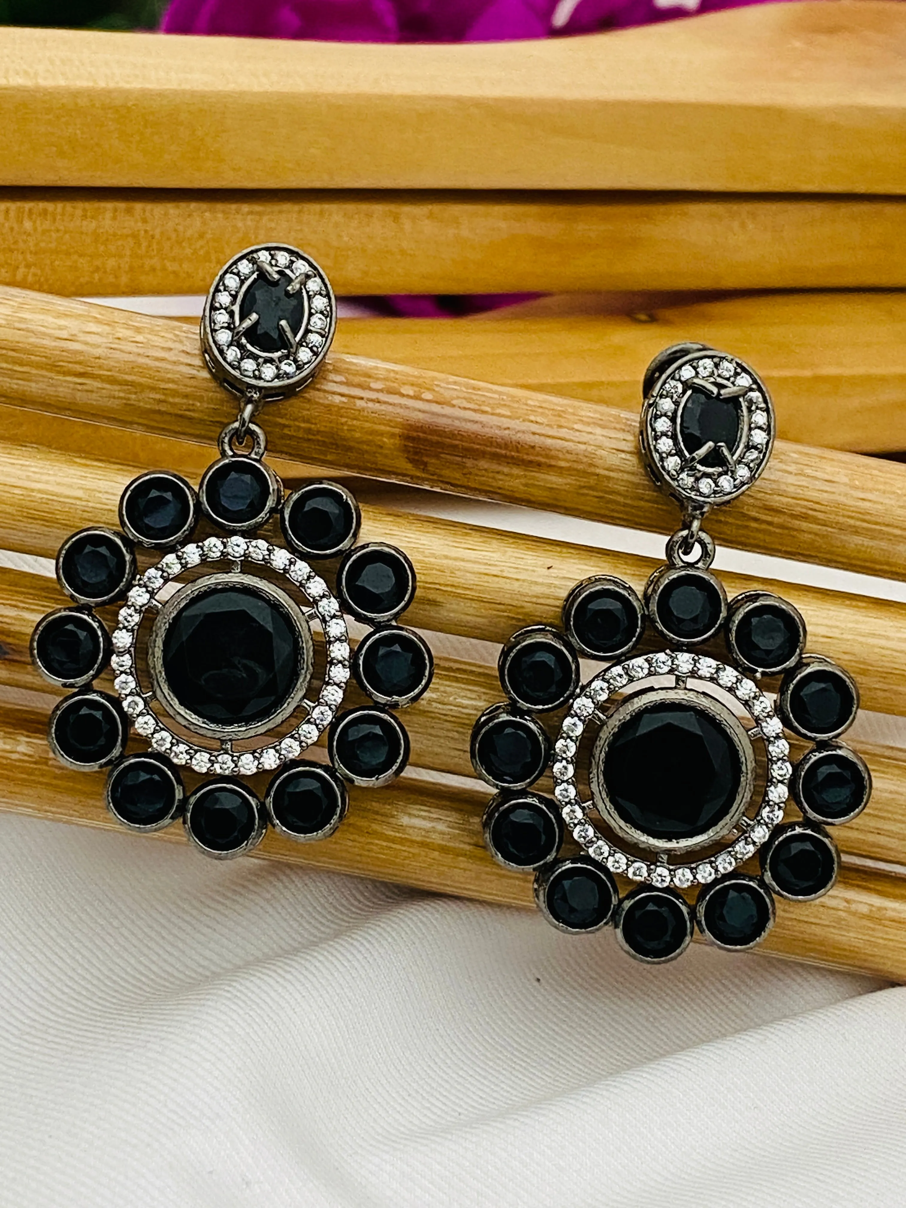 Lovely Black Round Stone Beaded Floral Designed Silver Plated Oxidized Dangler Earrings