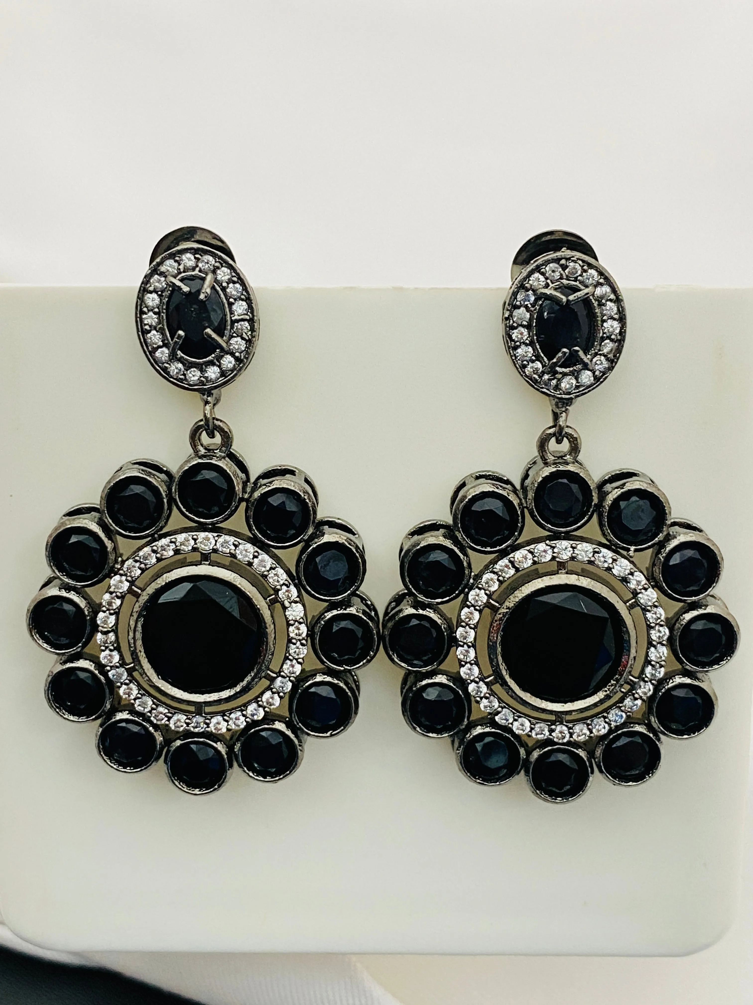 Lovely Black Round Stone Beaded Floral Designed Silver Plated Oxidized Dangler Earrings