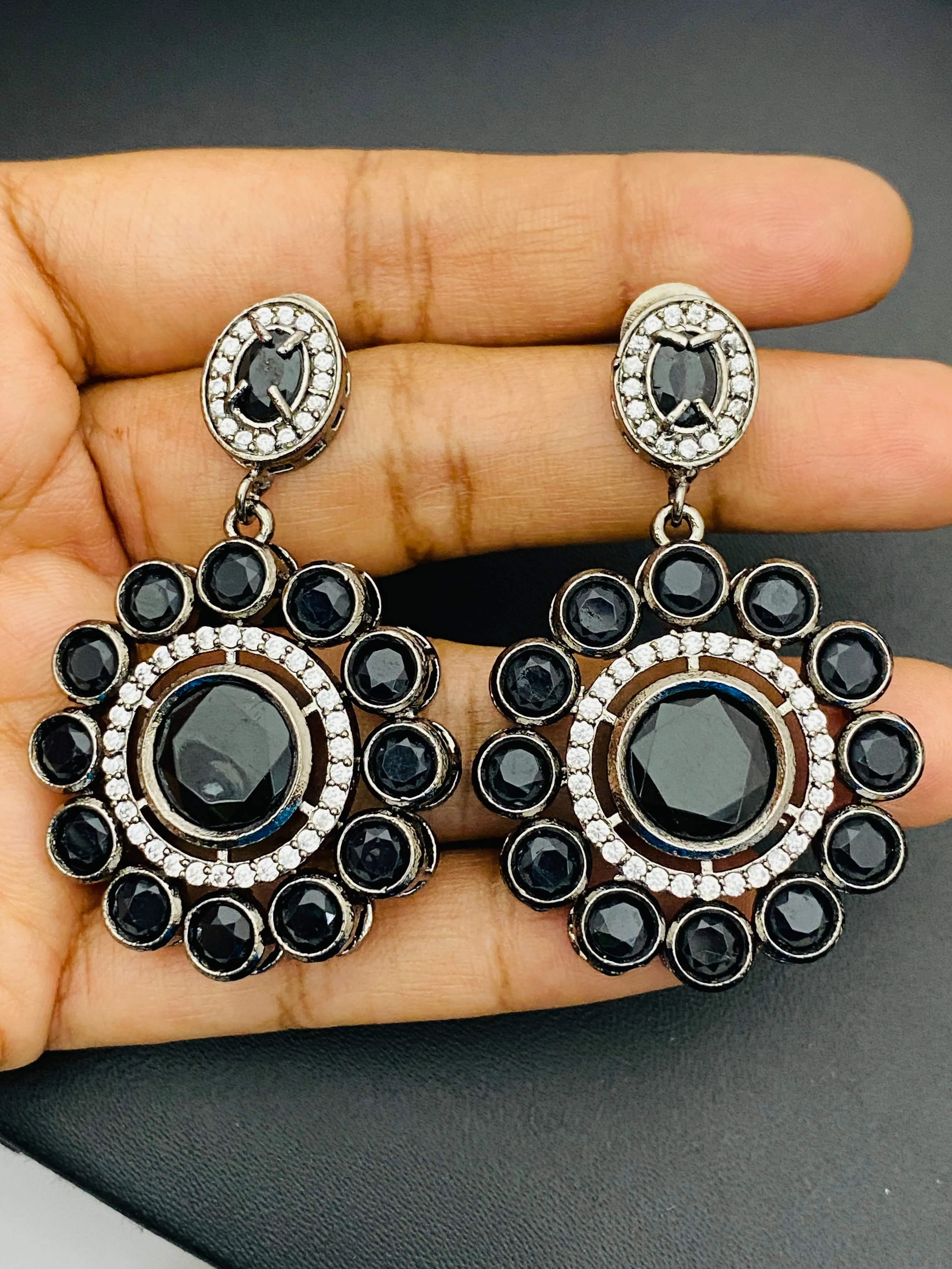 Lovely Black Round Stone Beaded Floral Designed Silver Plated Oxidized Dangler Earrings