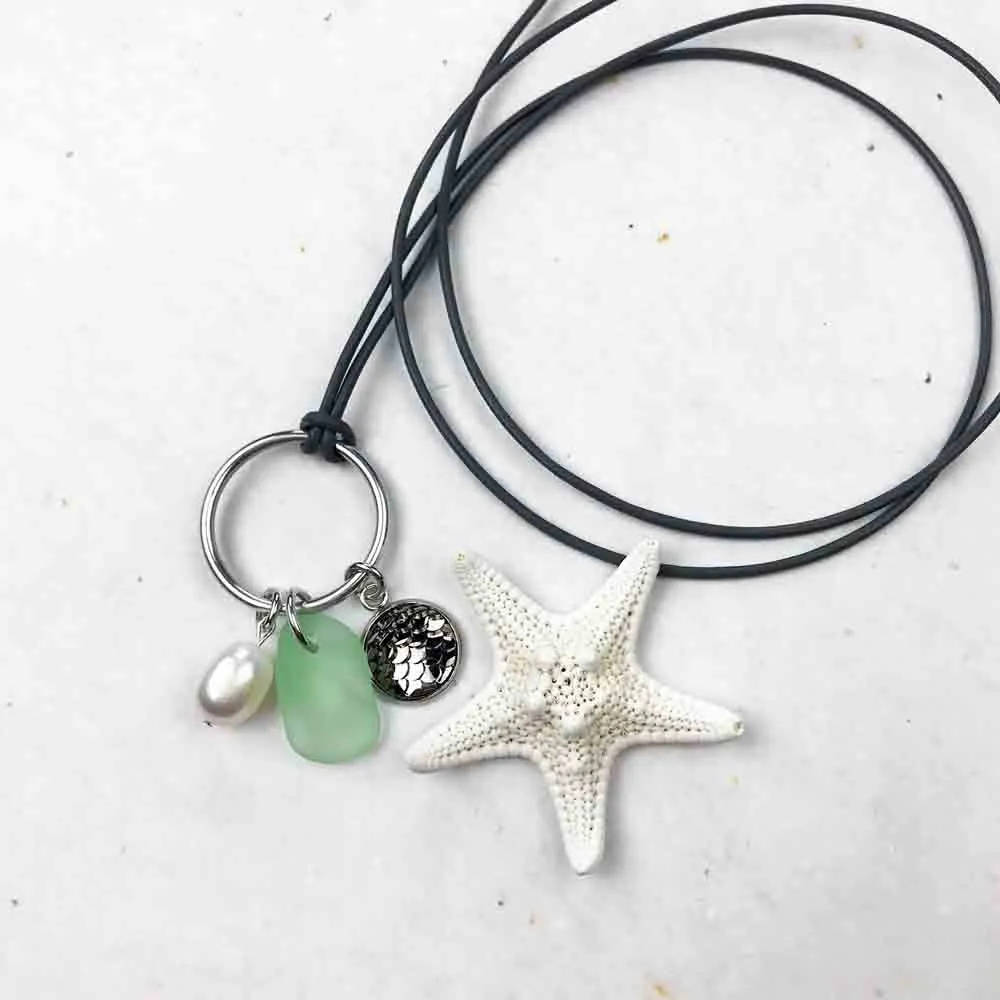 Midnight Moonrise Mermaid Dreams Necklace with Seafoam Sea Glass & Genuine Pearl | #1353