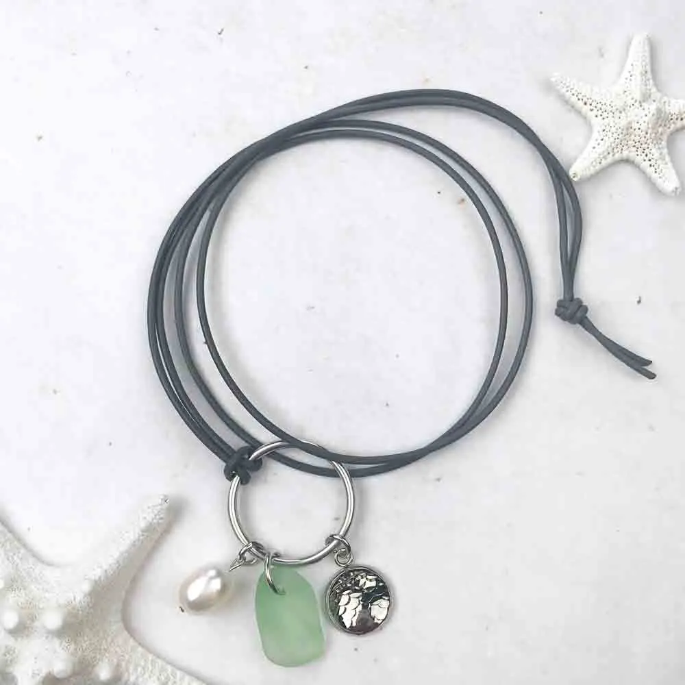 Midnight Moonrise Mermaid Dreams Necklace with Seafoam Sea Glass & Genuine Pearl | #1353